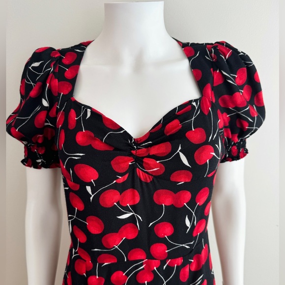 Reformation Lacey Black + Red Cherry Cherries Midi Dress Side Slit - Picture 6 of 9